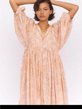 Daughters of India Blush Pink Floral Maxi Dress with Tie Neck